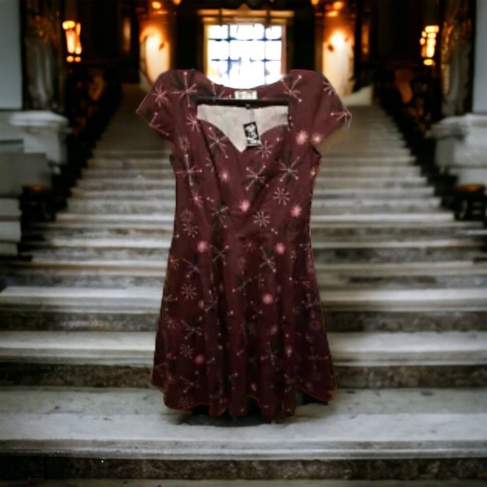 Chic Star Burgundy Pink Size L Starbursts Swing Retro Dress Sweetheart Neckline‎